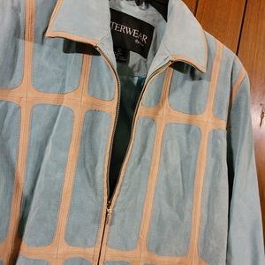Patterned vintage light blue suede coat
